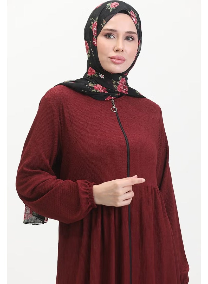 Sefa Merve عباءة مزخرفة بسحاب من قماش البيرومجوك 1018-09 أحمر قاني - Image 3